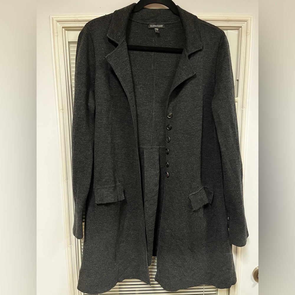 EILEEN FISHER Charcoal Gray Knit Long Jacket Cardigan Coat size Large